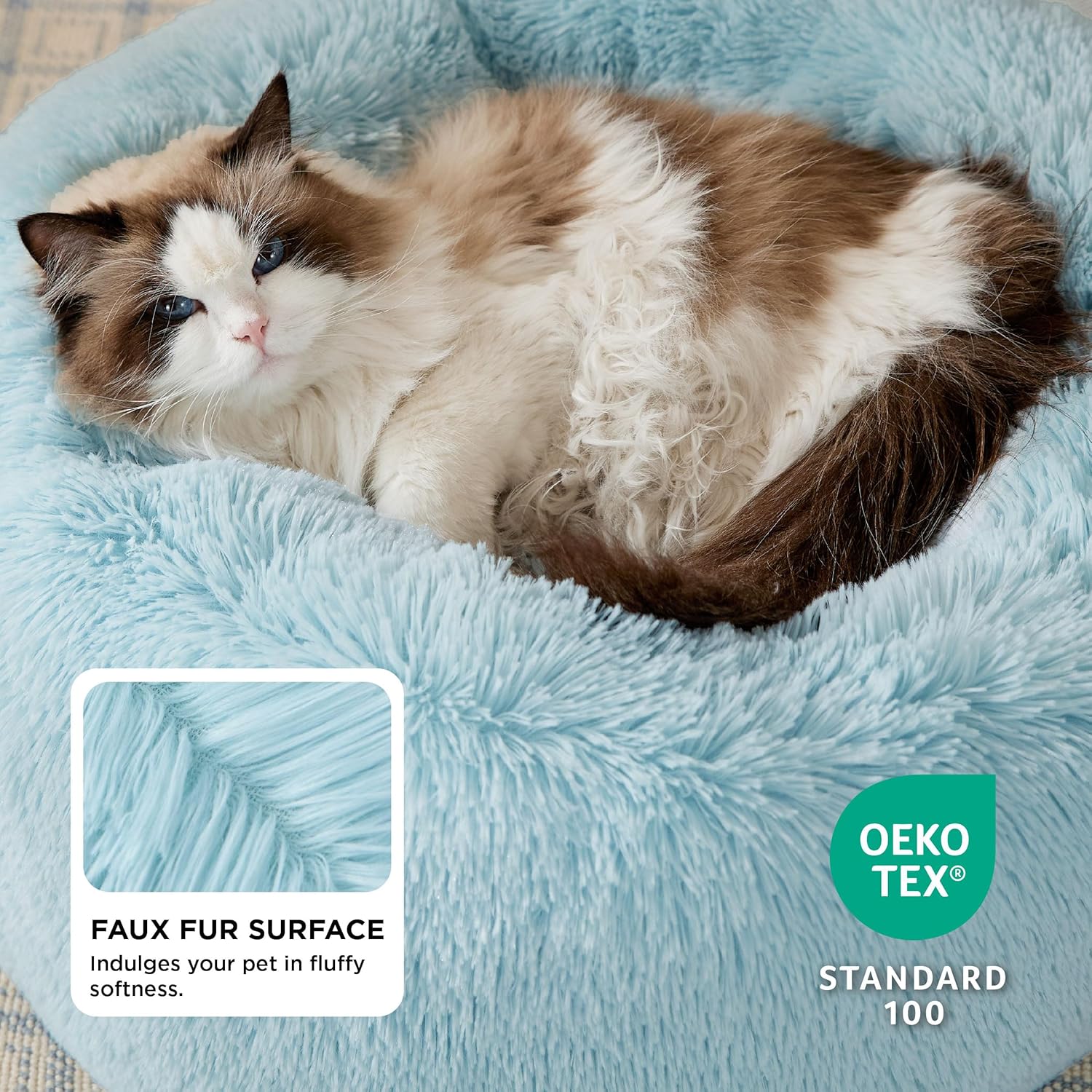 Calming Cat Beds for Indoor Cats - Small Cat Bed Washable 20 Inches, Anti-Slip round Fluffy Plush Faux Fur Pet Bed, Fits up to 15 Lbs Pets, Aqua Blue