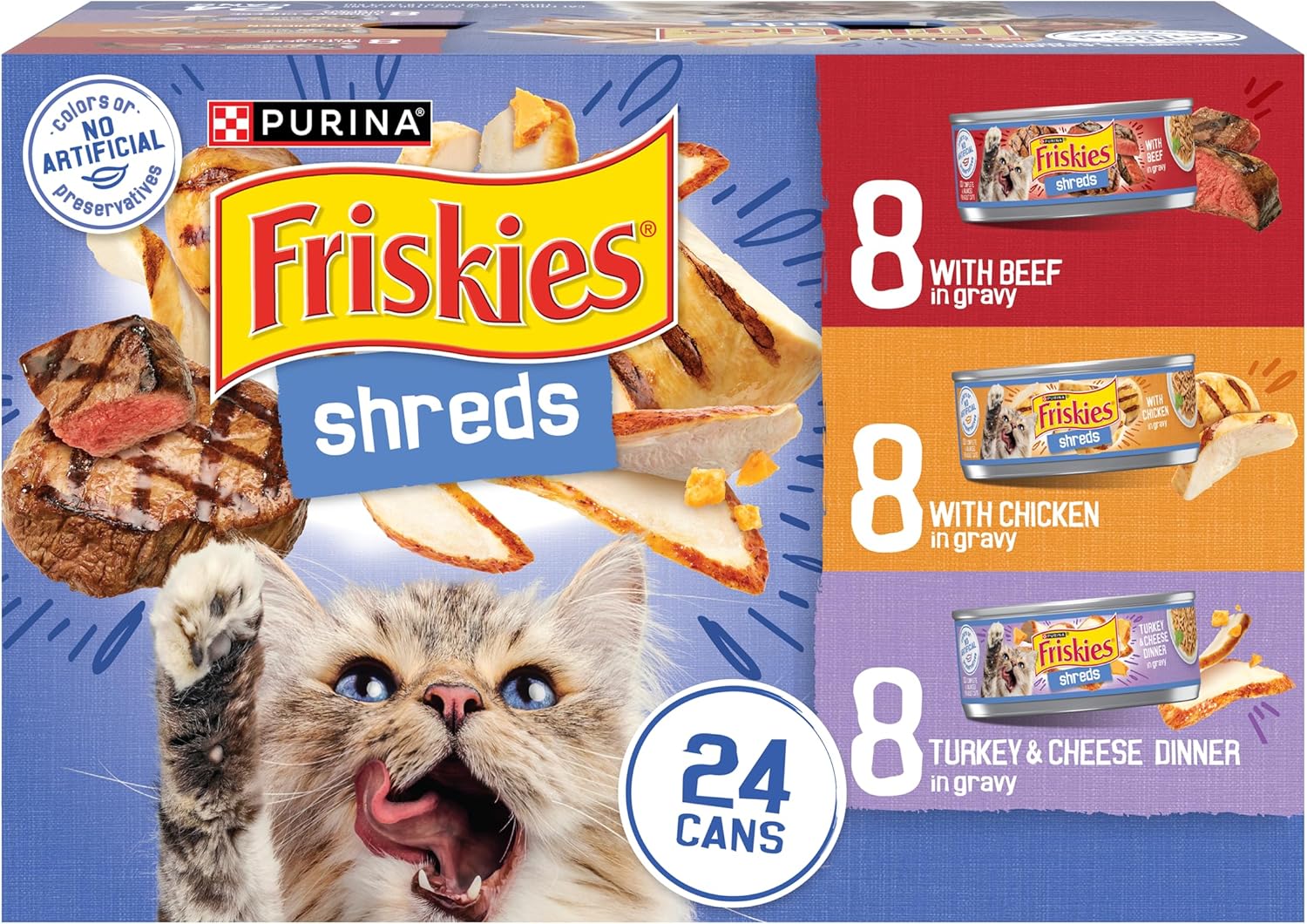 Purina  Gravy Wet Cat Food Variety Pack, Shreds with Beef, with Chicken, and Turkey and Cheese Dinner - (Pack of 24) 5.5 Oz. Cans