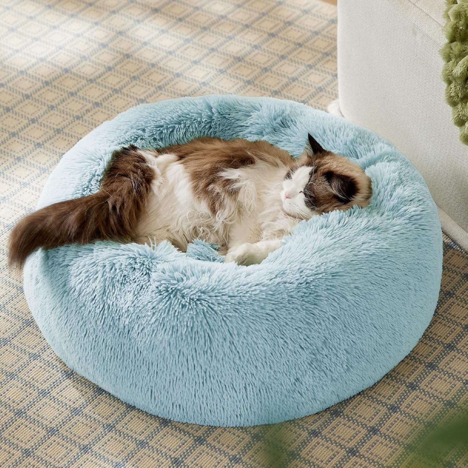 Calming Cat Beds for Indoor Cats - Small Cat Bed Washable 20 Inches, Anti-Slip round Fluffy Plush Faux Fur Pet Bed, Fits up to 15 Lbs Pets, Aqua Blue