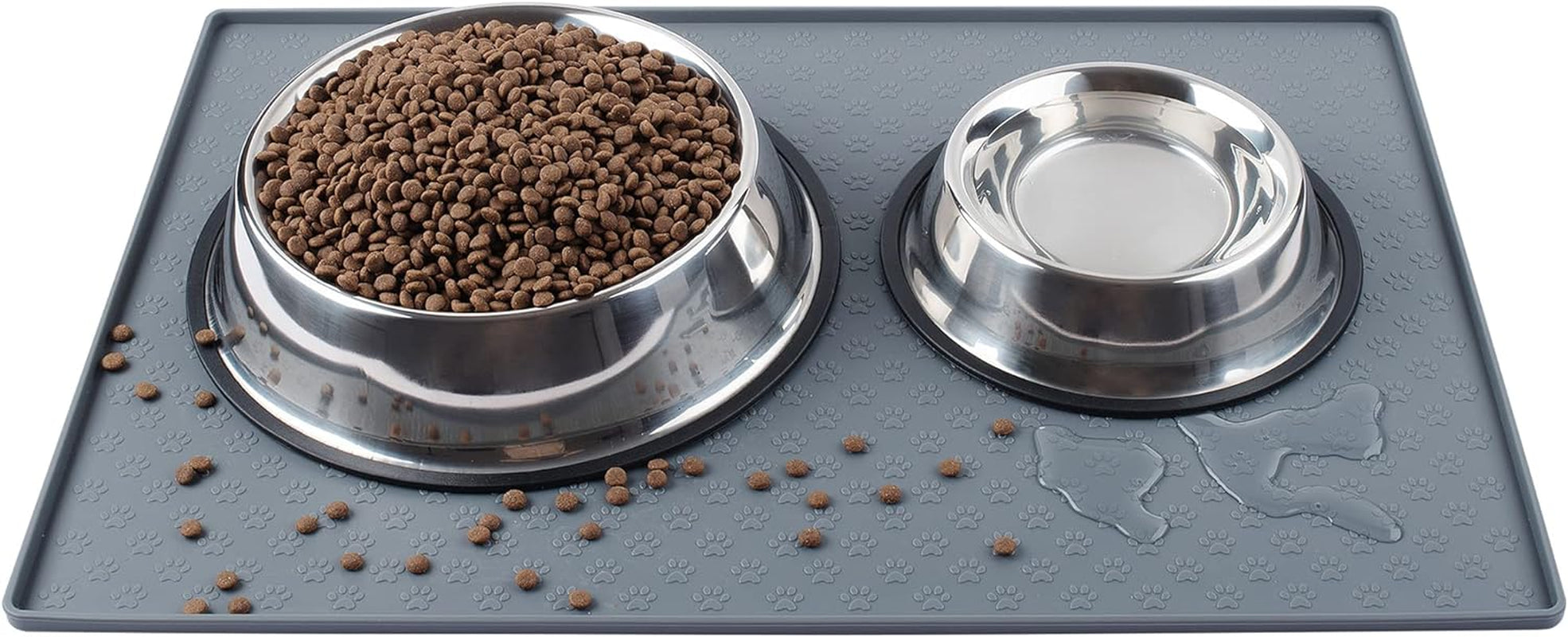 Dog Food Mat, Silicone Waterproof Cat Feeding Mat Raised Edges, Nonslip Pet Placemat Bowl Tray to Stop Food Spills and Water Messes Out to Floor (Grey, L: 60X40Cm/23.6X15.7In)