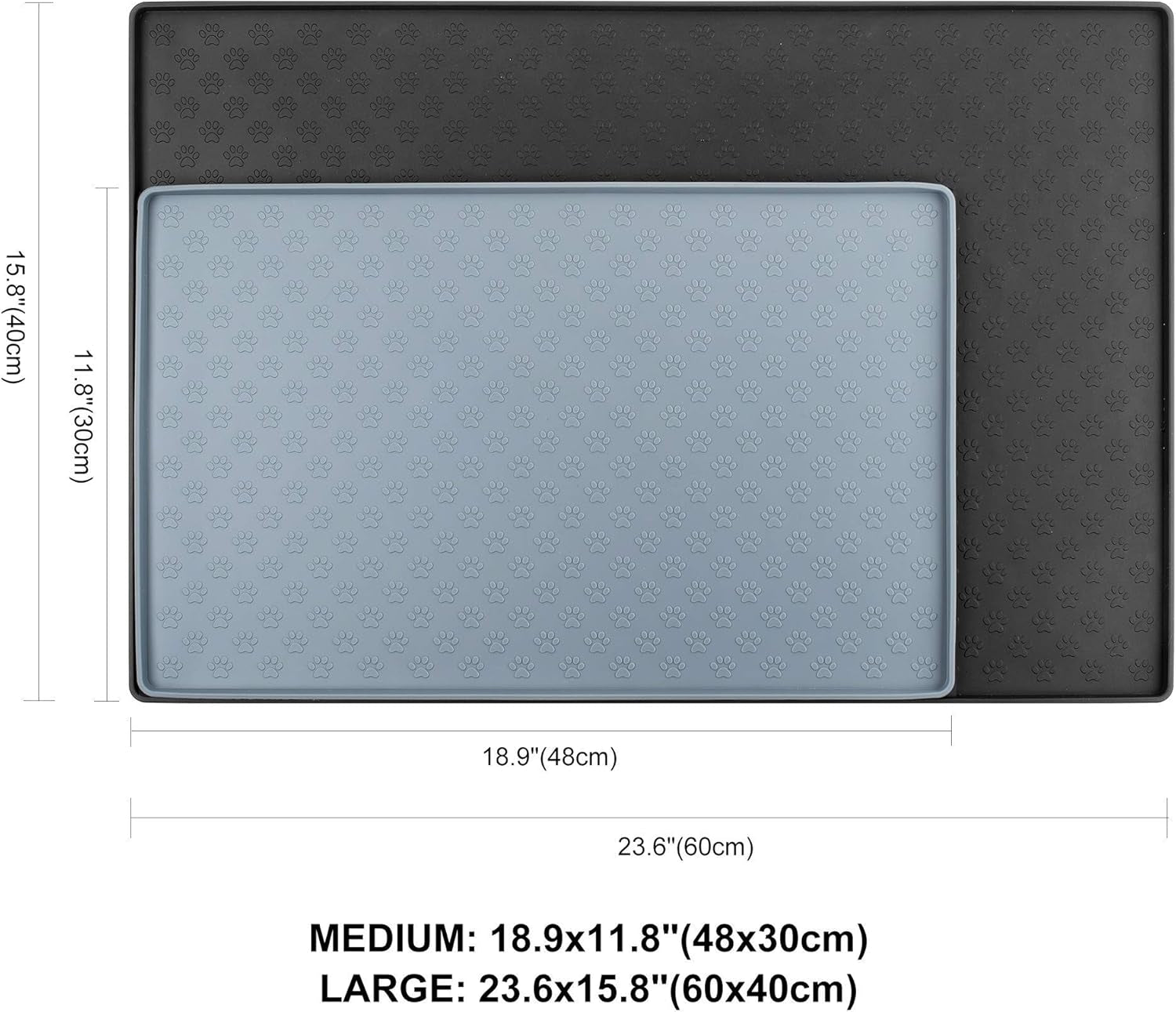 Dog Food Mat, Silicone Waterproof Cat Feeding Mat Raised Edges, Nonslip Pet Placemat Bowl Tray to Stop Food Spills and Water Messes Out to Floor (Grey, L: 60X40Cm/23.6X15.7In)